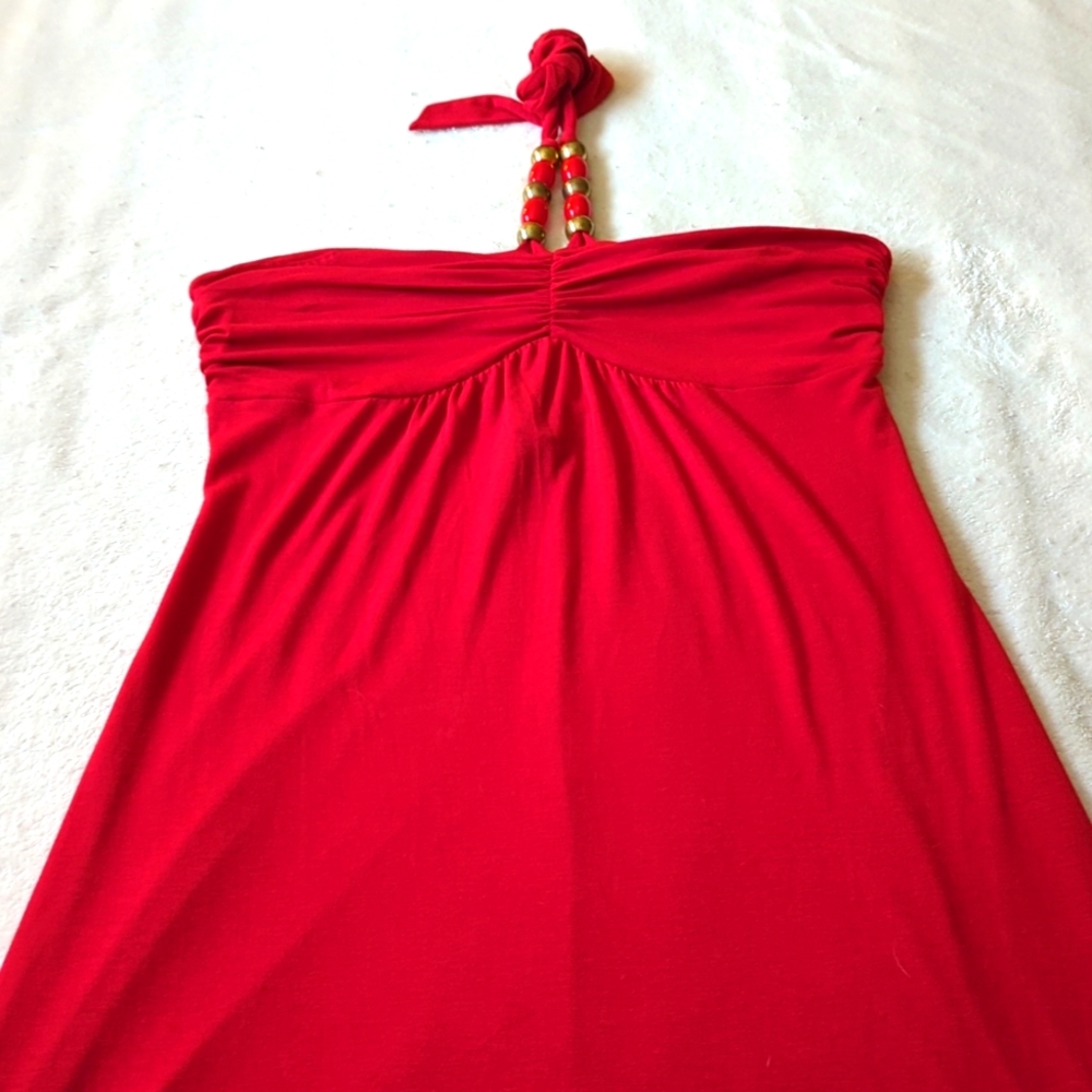 Red Maxi Dress with Beaded Ties, SIZE L